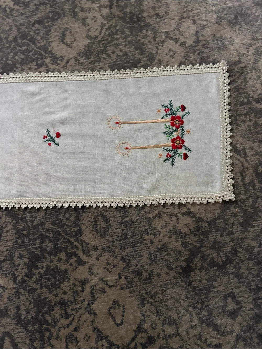 Hand-Embroidered White Holiday Table Runner with Red Floral Candles 41”L x 14”W